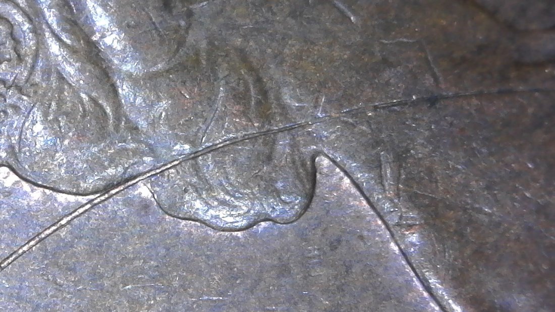 1966-Canadian-Cent-Struck-Through-Partially-Retained-Wire-Found-CRH!